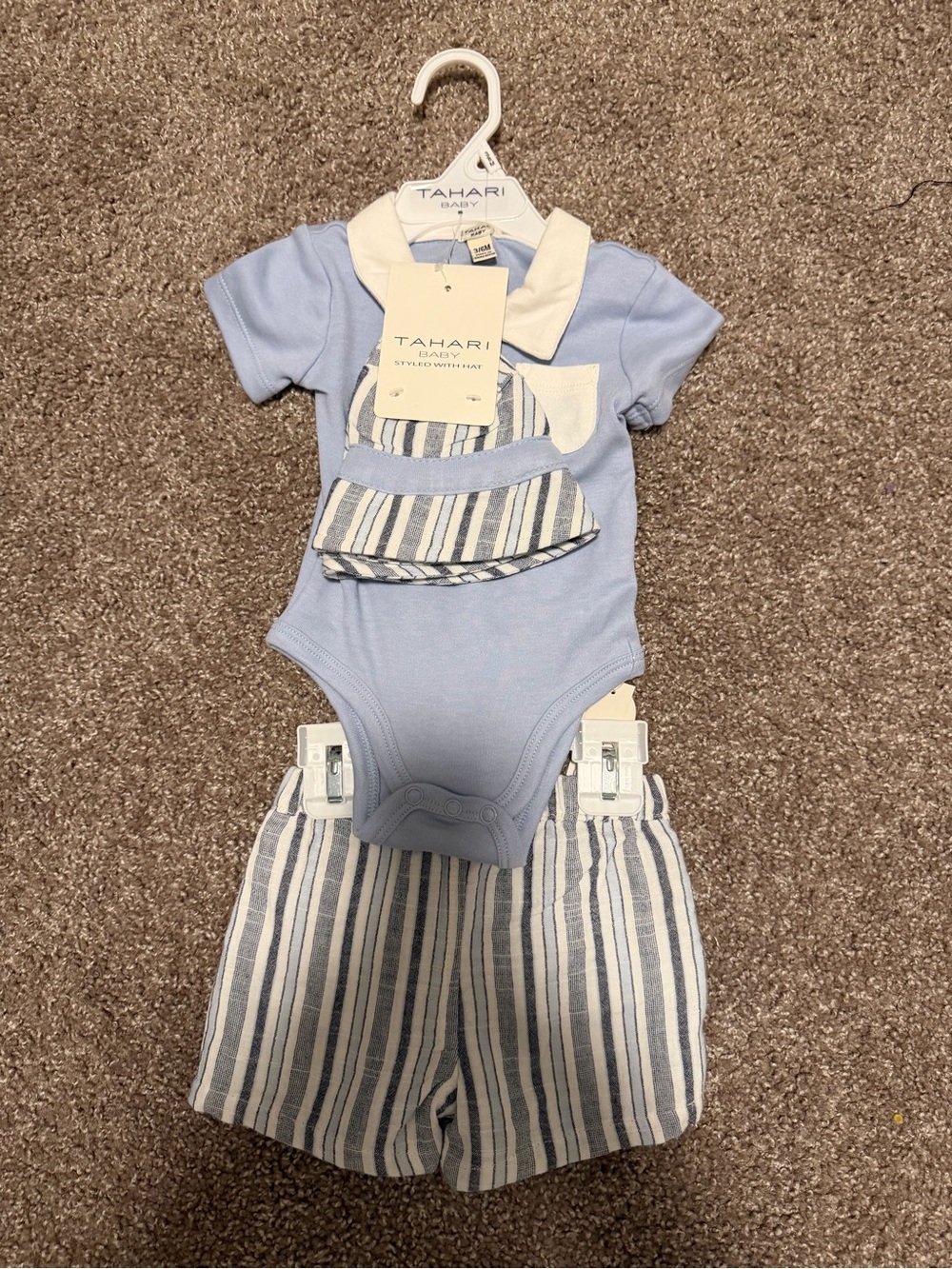 Tahari Light Blue Bodysuit with Striped Shorts